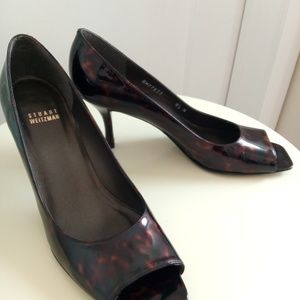 Stuart Weitzman tortoise patent leather peep toe